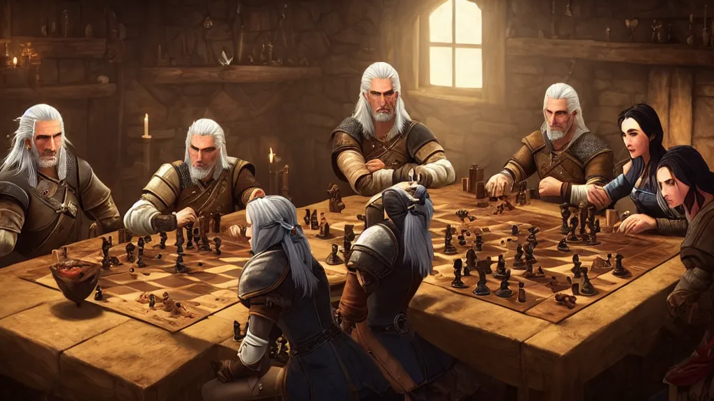 Image similar to Geralt of Rivia, yennefer, triss and Ciri playing chess in a tavern. geralt de rivia and ciri play at a table in the middle of the tavern, pixel art by Gerardo Quiroz, devian art, 4k