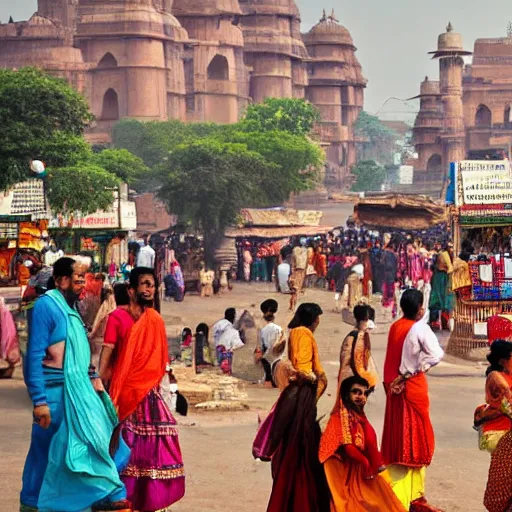 Prompt: A bustling city in ancient India with shops and people dressed in traditional Indian attire from 1000BC