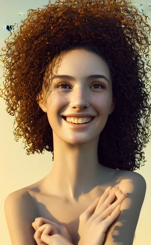 Image similar to 8 k uhd poser render of the face of a young woman with marble complexion, angelic features, her face framed with curls, her head raised in rapture, laughing, portrait photography, symmetrical eyes, by john singer sargent, background lush vegetation, insects and birds, dof narrow, 1 0 5 mm lens