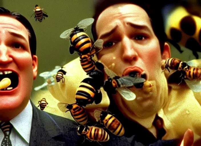 Image similar to film still of ted cruz as the candyman with bees coming out of his mouth in candyman 1 9 9 2