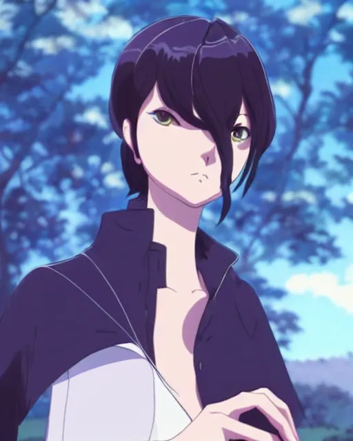 Image similar to style of makoto shinkai : : gorgeous willa holland : : evil witch, swirling black magic : : symmetrical face, symmetrical eyes : : full body pose : : gorgeous black hair : : magic lighting, low spacial lighting : :