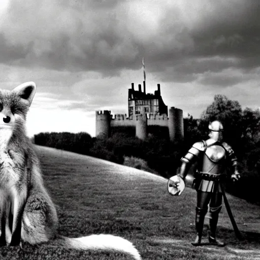 Image similar to anthropomorphic fox!! who is a medieval knight holding a swo - rd towards a s - tormy thundercloud [ 1 9 3 0 s film still ], ( castle in the background )