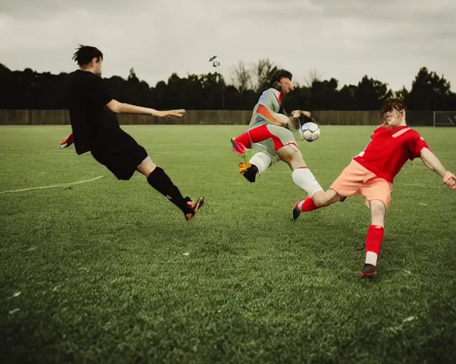 Image similar to incredible absurd surreal closeup photoshoot advertisement for soccer team, people playing soccer in the style of tim walker and by michael bay action movie vsco film grain