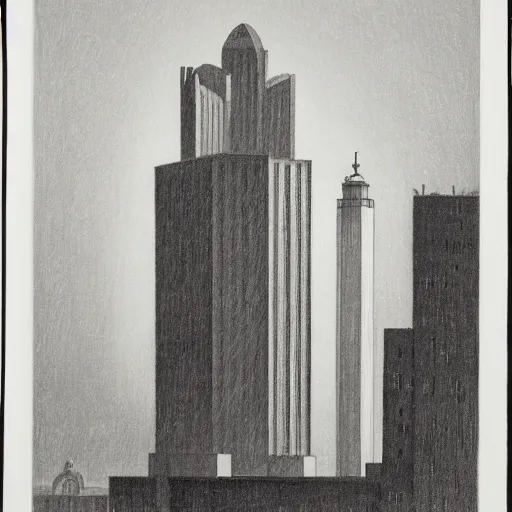 Prompt: an engraving of a storm battering a light tower skyscrapper, brutalism, in city downtown by edward hopper