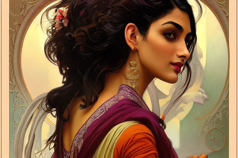 Image similar to sensual pale beautiful indian doctor in jeans, art deco portrait, elegant, intricate, digital painting, artstation, concept art, smooth, sharp focus, illustration, art by artgerm and greg rutkowski and alphonse mucha