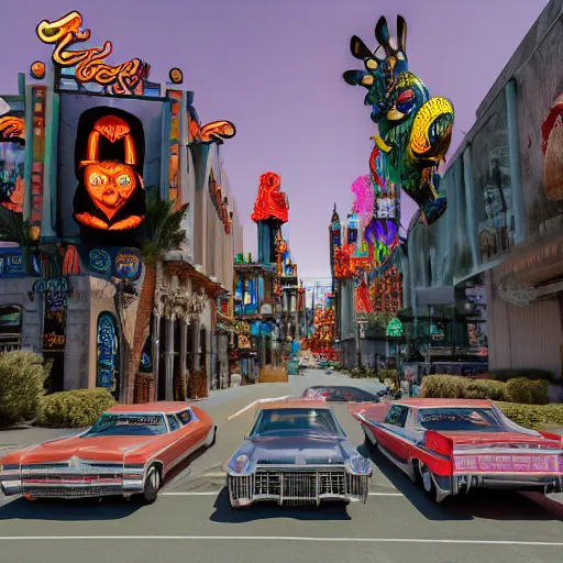 Image similar to gothic style Las Vegas in 1973, chicken heads Elvis body, anthropomorphic Elvis chickens roaming the streets and driving Cadillacs, bright light city, high octane, 8k vray render, subsurface scatter, drum scanner, intricate complexity, cinematic quality