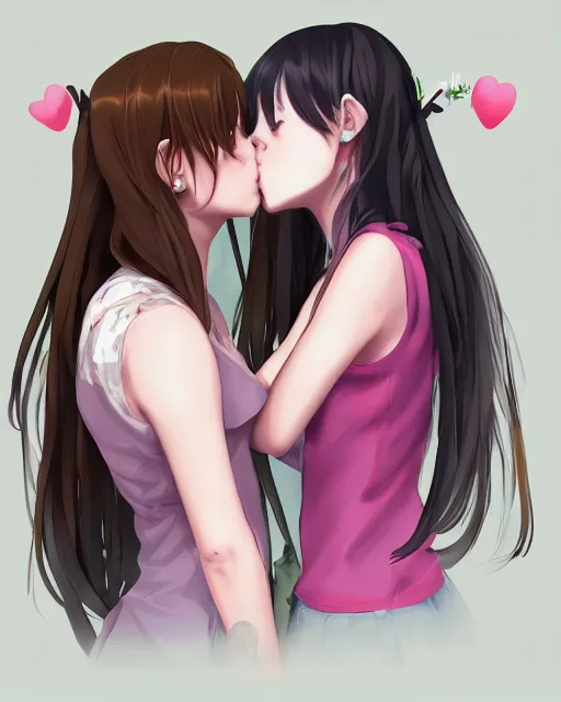 Image similar to portrait of two girls kissing, anime, trending on Artstation
