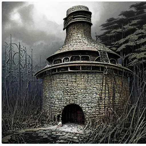 Prompt: pillbox swordpunk fortress half-sunk in a noxious Swamp, by Colleen Doran and by Angus McBride and by Ted Nasmith, low angle dimetric rendering, centered, 3-point perspective