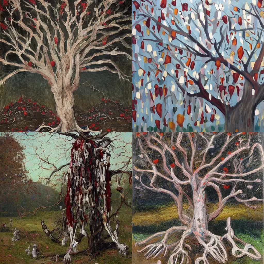 Prompt: an impressionistic painting of a marble tree made out of bones covered in blood with a heart and lungs growing from its branches, standing on a corpse-littered battlefield by Hyman Bloom and Mary Riter Hamilton