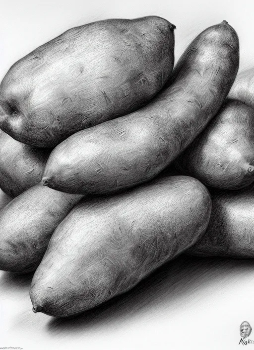 Prompt: russet potato, pencil sketch, black and white, highly detailed, masterpiece, adonna khare, 4 k