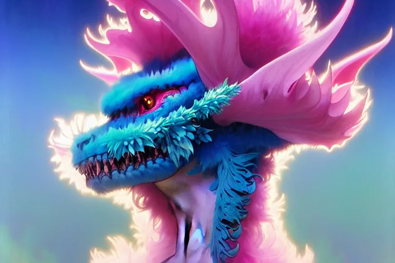 Prompt: profile of a fuzzy, flowery, elegant, kaiju moth dragon, blue, pink and white colors. by alphonse mucha, rhads, ross tran, artstation, artgerm, octane render, 1 6 k