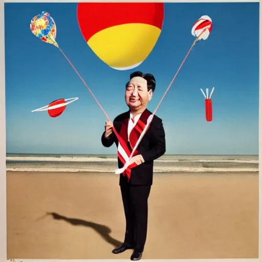 Image similar to george soros dressed as mao tse dong. where's wally, on a beach with beautiful girls, flying a kite, by slavador dali