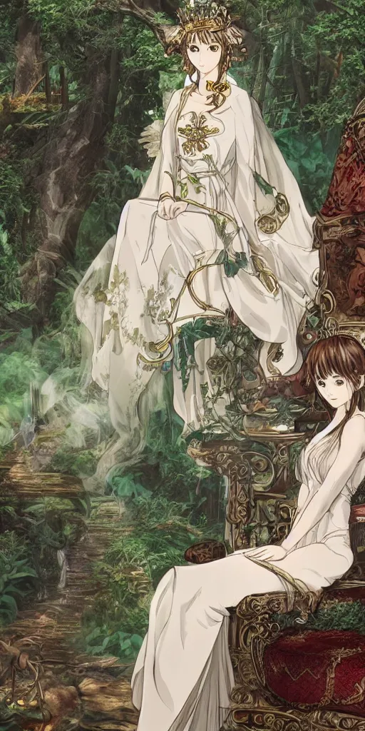 Image similar to an highly detailed magical empress sitting by herself on a sofa in a forest wearing a white robe drawn by cloverworks studio, elegant, beauty, tarot card, Tarot card the empress