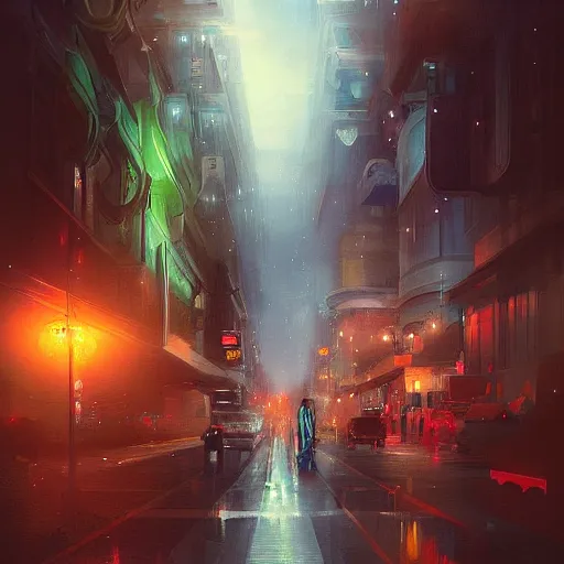 Prompt: a beautiful paiting of Night Life of downtown street by Ross Tran, dark ambient, beautiful, UHD, hyperrealism, Surreal and Fantasy Art, absurdist