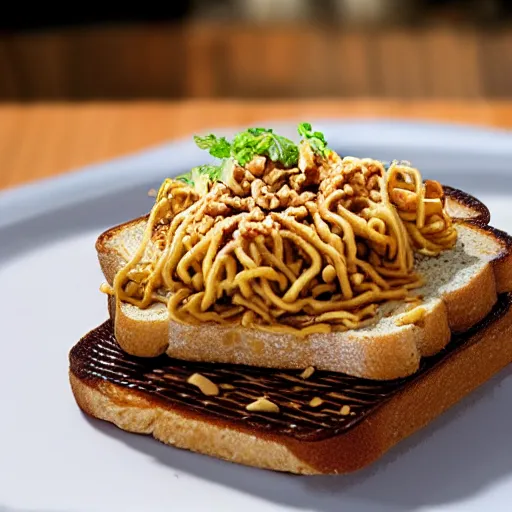 Prompt: peanut butter toast with indomie mi goreng noodles on top of the toast, photo realistic, gourmet