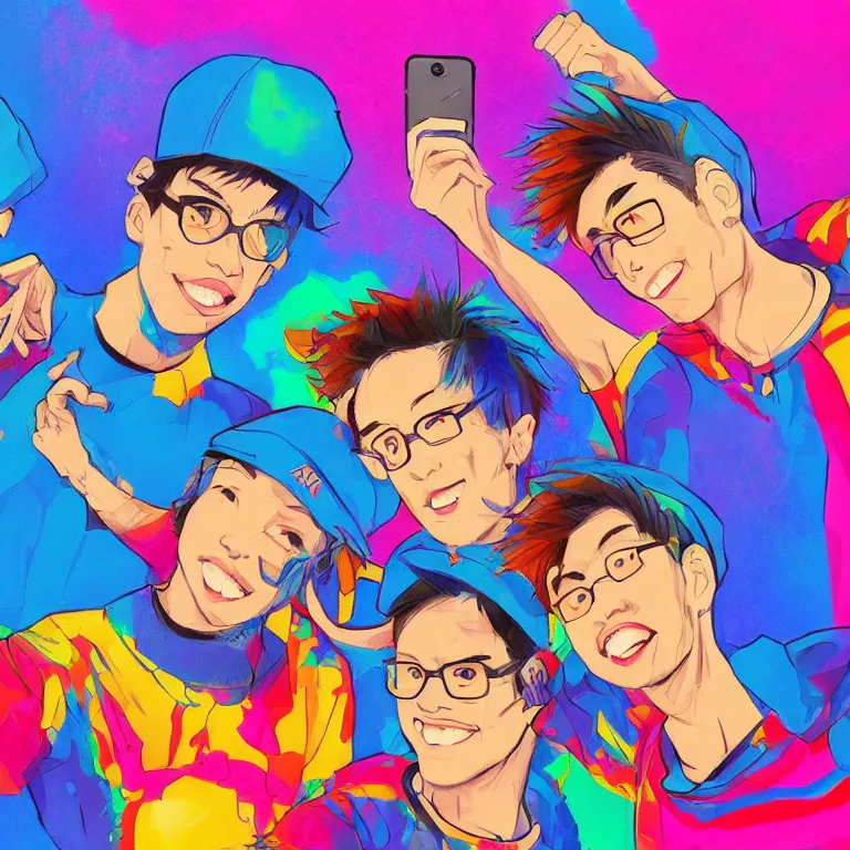 Prompt: a detailed colorful illustration of three ( b boys ) posing for a selfie by timothy kong and mitsumayo, trending on artstation