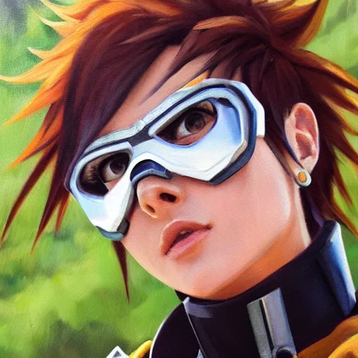 Image similar to oil painting of tracer overwatch in a field wearing spiked collar around neck, in style of artgerm, expressive face, wearing choker, steel collar, steel choker, wearing collar on neck, detailed face, detailed eyes, full body, feminine face, tracer overwatch,