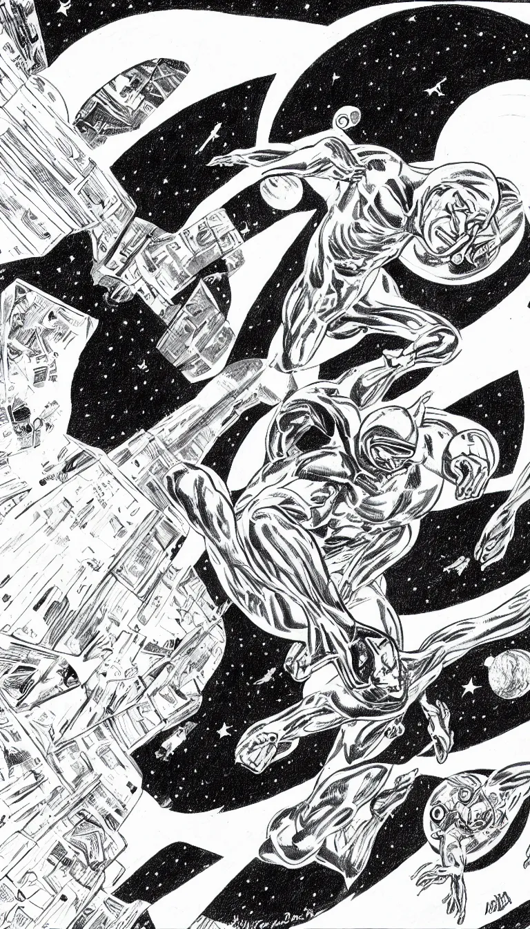 Prompt: silver surfer in space hovering above earth, by steve ditko, black and white, pencil drawing,