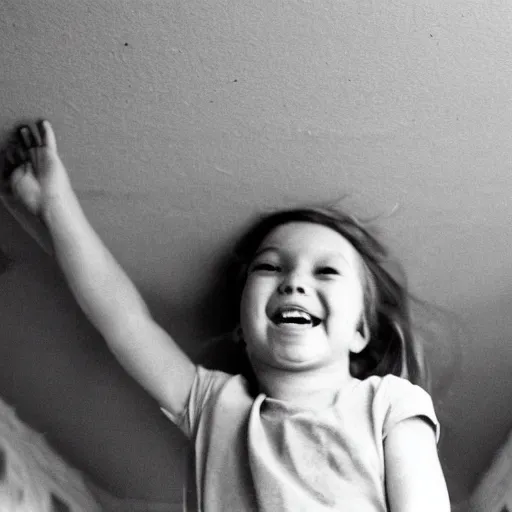 Prompt: an old photograph of a child on the ceiling with a wide grin and spider legs