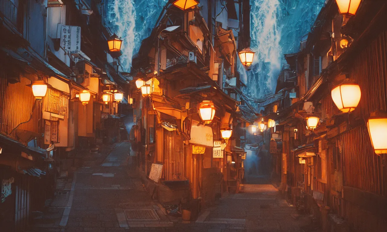 Prompt: A film still from a 1990s Sailor Moon cartoon featuring a moody street in Kyoto Japan with a waterfall and lanterns, lofi aesthetic, golden hour, cinematic look, film grain, high detail, high resolution, 8k