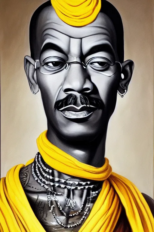 Image similar to full body portrait of wiz khalifa as mahatma gandhi, oil on canvas by william sidney mount, hindu art, great soul, black, black, yellow, yellow, trending on artstation