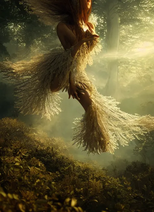 Image similar to beauteous nebular biomechanical incredible hair, crystalline masterpiece incrustations, hyperdetailed face, flippered feet, elegant pose, movie still, intricate, octane render, cinematic forest lighting, cgsociety, unreal engine, crepuscular rays, god rays, caustic shadows lighting