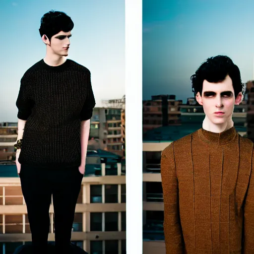 Prompt: un ultra high definition fashion editorial photographic portrait of a pale young man with black hair standing on the rooftop of an apartment building wearing all eclectic clothes. three point light. extremely detailed. stark. nostalgic. golden hour, golden ratio, ray tracing, volumetric light, shallow depth of field.