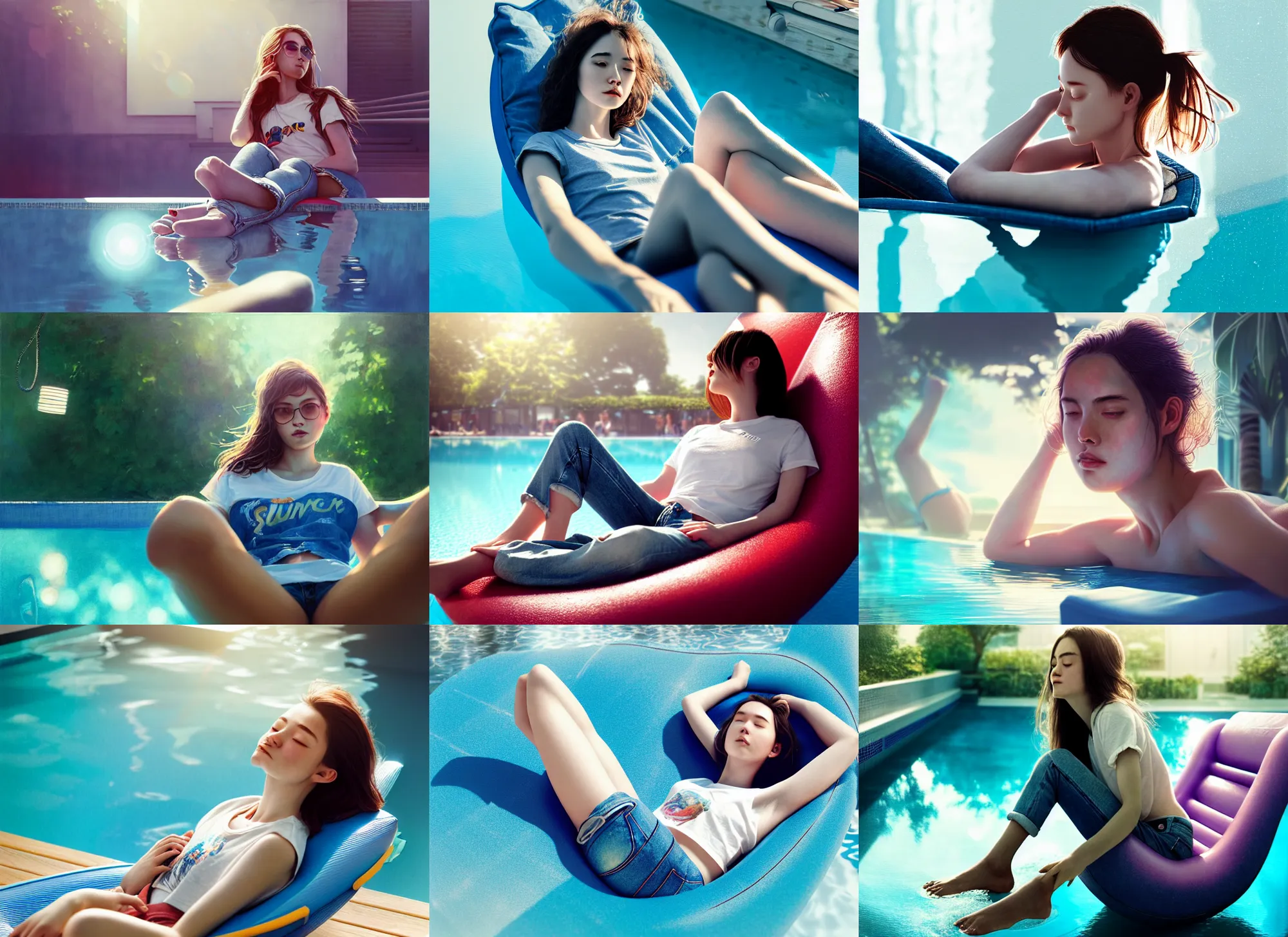 Prompt: closeup of a girl relaxing in jeans and a t - shirt on a floating pool chair, sunny, bright, reflections, intricate, sharp focus, lens flare, bloom, illustration, highly detailed, digital painting, concept art, matte, art by ruan jia and wlop and greg rutkowski, masterpiece