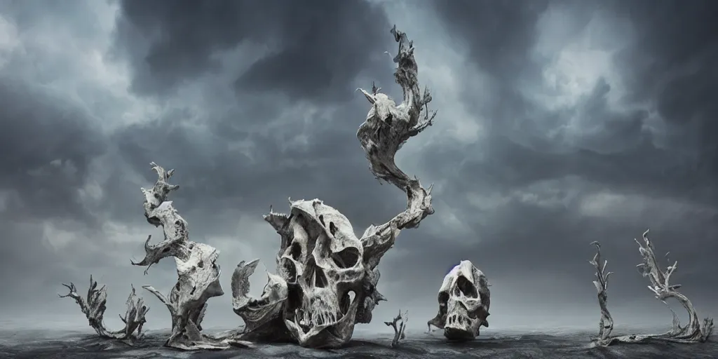 Image similar to photorealistic strange sculpture made of white bird skulls, by katrina van grouw and bruce mahalski. an epic landscape, with ominous storm clouds, a gentle rising mist. occult photorealism, uhd, amazing depth, glowing, golden ratio, 3 d octane cycle unreal engine 5, volumetric lighting, cinematic lighting, cgstation artstation concept art