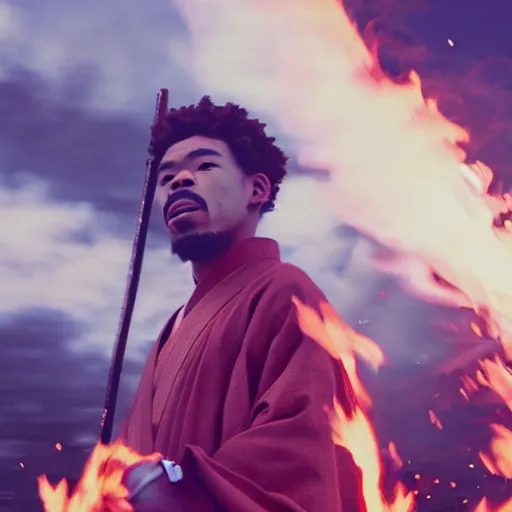 Image similar to cinematic film still of Chance The Rapper starring as a Samurai holding fire, Japanese CGI, VFX, 2022, 40mm lens, shallow depth of field, film photography