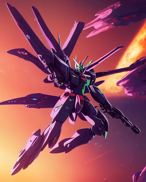 Image similar to highly detailed vfx gundam deathscythe hell fighting gundam epyon in space, unreal engine, greg rutkowski, loish, rhads, beeple, makoto shinkai and lois van baarle, ilya kuvshinov, rossdraws, tom bagshaw, alphonse mucha, global illumination, detailed and intricate environment