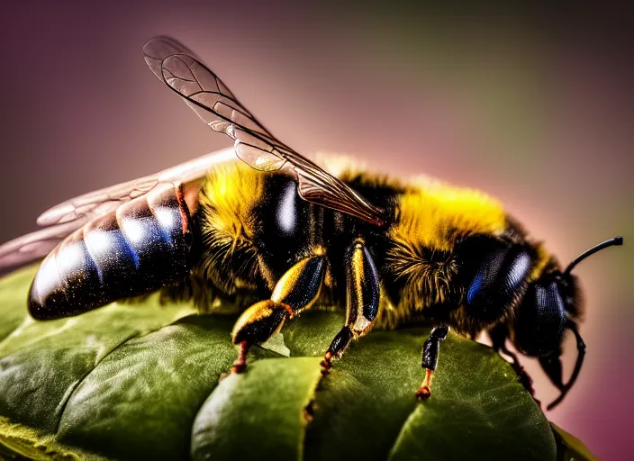 Image similar to super macro of a mechanical bee drinking from a flower in the forest. fantasy horror cyberpunk style. highly detailed 8 k. intricate. nikon d 8 5 0 3 0 0 mm. award winning photography.