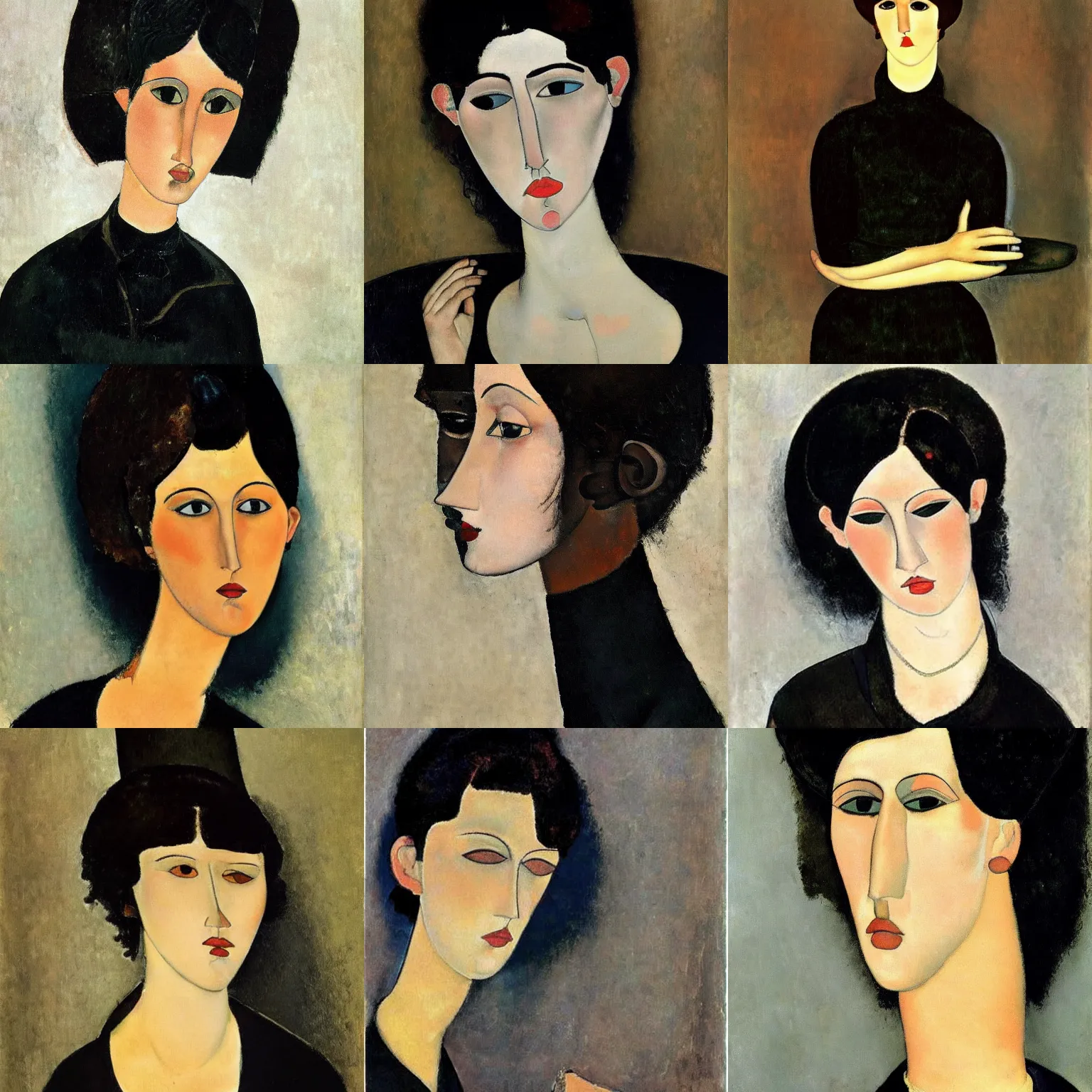 Prompt: A goth painted by Amedeo Modigliani. Her hair is dark brown and cut into a short, messy pixie cut. She has a slightly rounded face, with a pointed chin, large entirely-black eyes, and a small nose. She is wearing a black tank top, a black leather jacket, a black knee-length skirt, a black choker, and black leather boots.