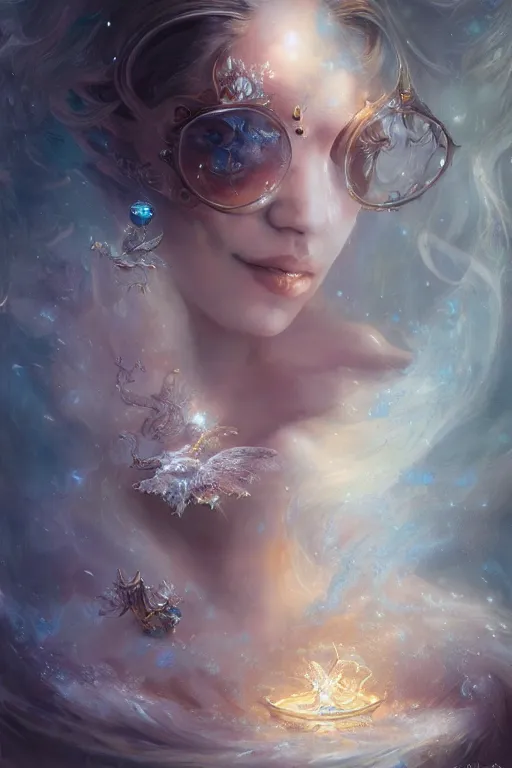 Image similar to beautiful princess floating on water with face covered with diamonds wearing frost velvet, diamonds, angel, fantasy, dramatic lighting, highly detailed, digital painting, magic the gathering, hyper detailed, 3 d render, hyper realistic detailed portrait, peter mohrbacher, wlop, ruan jia