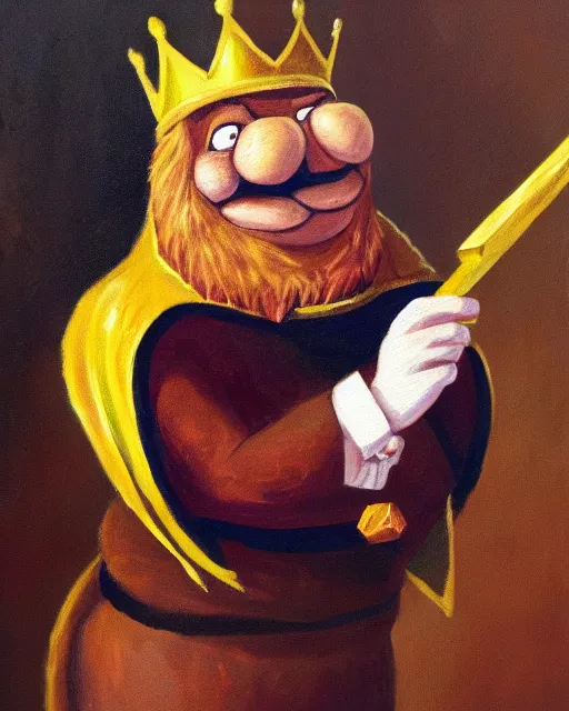 Prompt: an old oil paint of garfield with a king cape and a gold sceptre, high quality, old