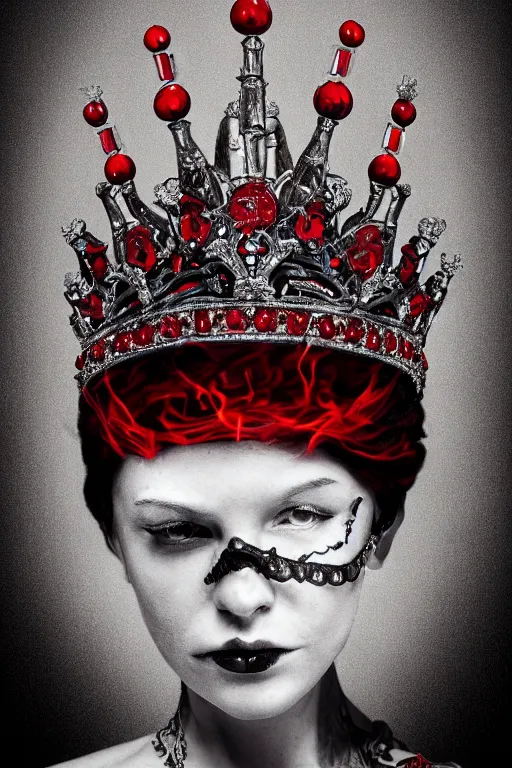 Prompt: a queen with half skull with an red crown, hints of silver jewelry, gothic, eerie, intricate detail, dramatic lighting, fire, red, 8 k