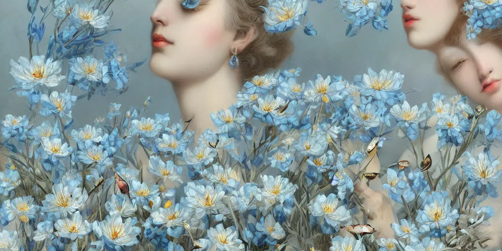 Image similar to breathtaking detailed concept art painting art deco pattern of blonde faces goddesses amalmation light - blue flowers with anxious piercing eyes and blend of flowers and birds, by hsiao - ron cheng and john james audubon, bizarre compositions, exquisite detail, extremely moody lighting, 8 k