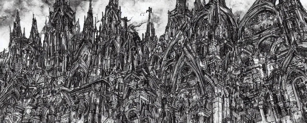 Prompt: gothic church, megalopolis, destroyed city, ultra detailed, miura kentaro style, tsutomu nihei style,