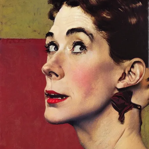 Image similar to head and legs portrait of woman, fierce, fully clothed, three quarter profile, norman rockwell, jacob collins, tom lovell, frank schoonover