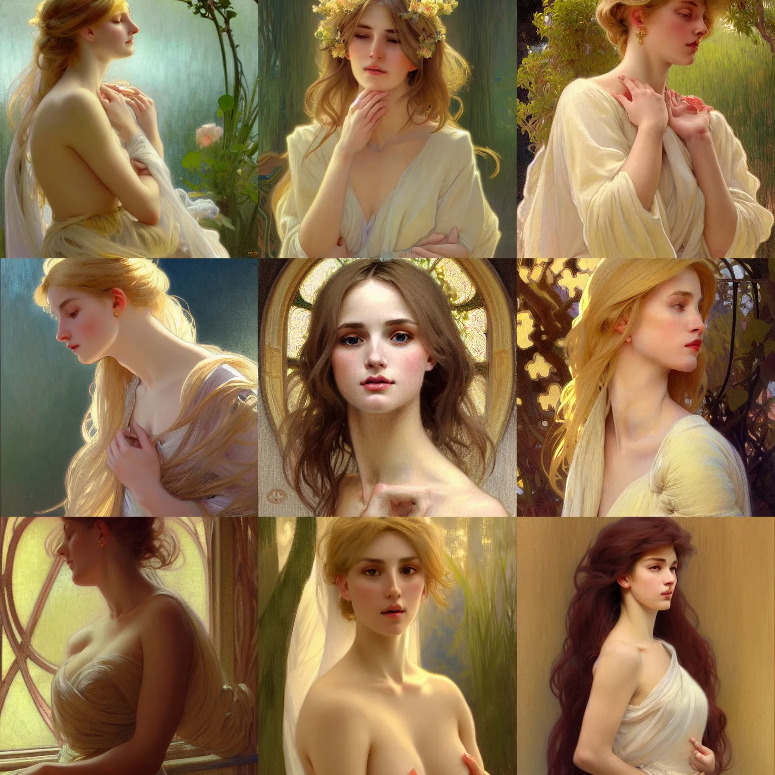 Image similar to painted portrait of a shy wife blessed by god to grow immaculately attractive and perfect. blonde, clothed holy body, light effect. modern fantasy, feminine, fertile, in clothes! highly detailed, intricate, elegant, fertility, concept art, digital painting, artstation, smooth, sharp focus, illustration, art by gaston bussiere and alphonse mucha