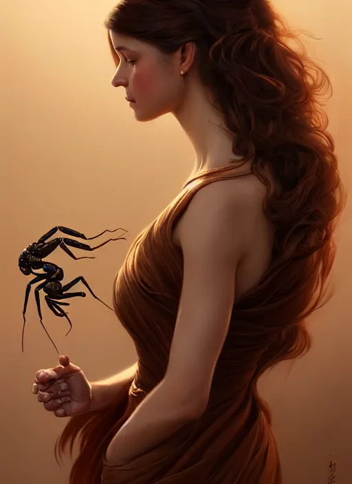 Image similar to portrait of a woman with brown hair wearing a flowing dress, holding her hand out with a scorpion on the hand, intricate, elegant, highly detailed, digital painting, artstation, concept art, smooth, sharp focus, illustration, art by wlop, mars ravelo and greg rutkowski