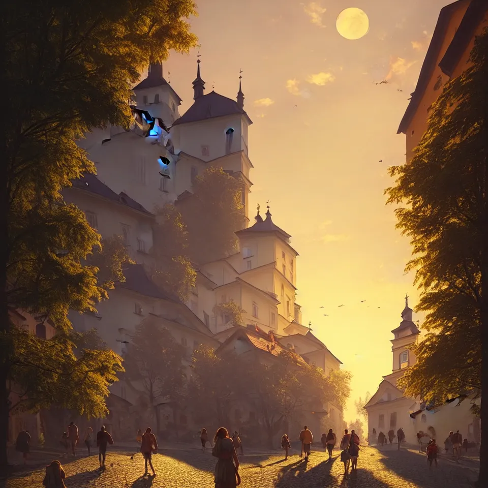 Image similar to a beautiful photo of banska stiavnica in summer with old houses and trees in sunset, sky, people walking on street, unreal engine, by greg rutkowski and james gurney, artstation