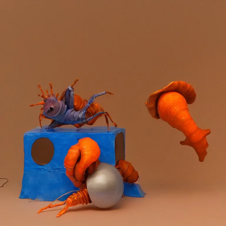 Prompt: hyperrealistic sculpture of a bronze conch snail hermit crab dusted with blue and orange spraypaint in a grid cage on a pedestal by ron mueck and duane hanson and lee bontecou, hyperrealistic dramatic colored lighting trending on artstation 8 k