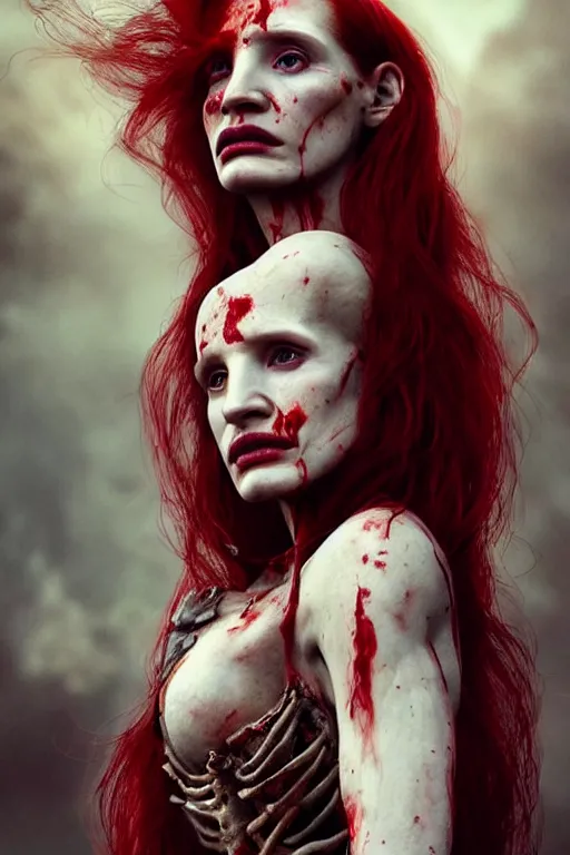 Image similar to woman skeleton covered with blood, jessica chastain face!!!, long red hair, ultra realistic, concept art, intricate details, highly detailed, 4 5 mm. photorealistic, octane render, 8 k, unreal engine. retro film still, heavy grain, 3 5 mm, art by artgerm and greg rutkowski and alphonse mucha