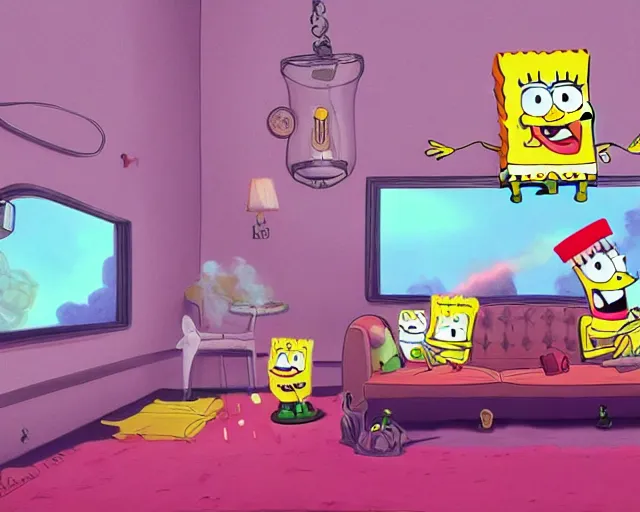 Image similar to spongebob and patrick star smoking weed in patrick star's house, digital art, artstation, amazing detail
