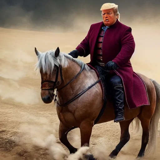 Prompt: fat version of donald trump riding a horse as geralt of rivia from the witcher movie, dramatic film still, details, sigma 7 5 mm, 4 k