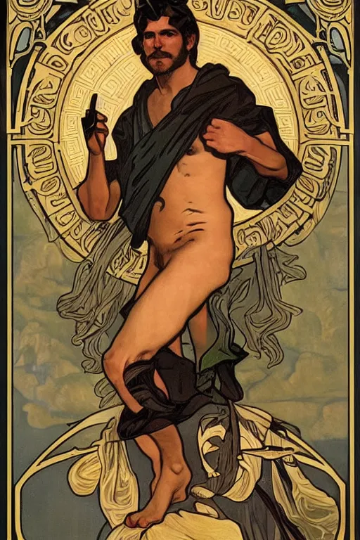 Prompt: a beautiful dramatic tarot card of a shirtless cowboy, dad bod, homoerotic, art deco, art nouveau, by alphonse mucha, trending on artstation