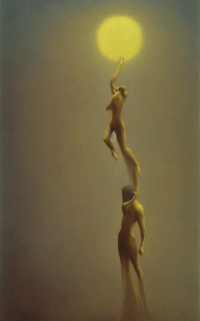 Prompt: iridescent spirit of desire and fear cruel beautiful spirit (androgynous) with golden eyes lunar mythos ambient fog, award winning oil painting by Zdzisław Beksiński, distinct color palette