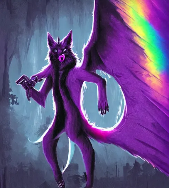 Image similar to ( with a glowing rainbow tail ) a purple wolfbat fursona ( from the furry fandom ) wearing an eyepatch, he is travelling through a shadowy city, an affable devil among demons, neo - noir tone of max payne, style of purple rain album cover ( by prince ), dark colors