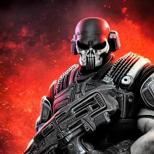 Prompt: Photo portrait of Donald Trump as ((the punisher)) in Gears of War, splash art, movie still, detailed face, photorealistic facial features, cinematic lighting, dramatic, octane render, long lens, shallow depth of field, bokeh, anamorphic lens flare, 8k, hyper detailed, 35mm film grain